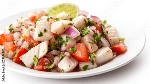 A plate of tangy ceviche with fresh fish marinated in lime juice, diced tomatoes, onions