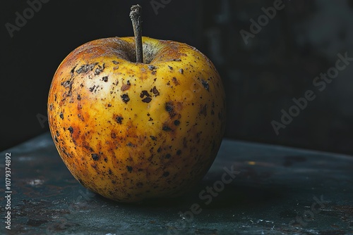 Close-up photo of an old, rotten apple on top of a table, dark background, in... photo