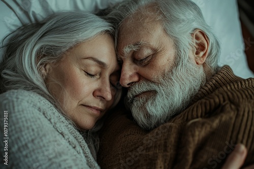 Elderly couple sleeping together in bed, a woman with grey hair and a man... photo