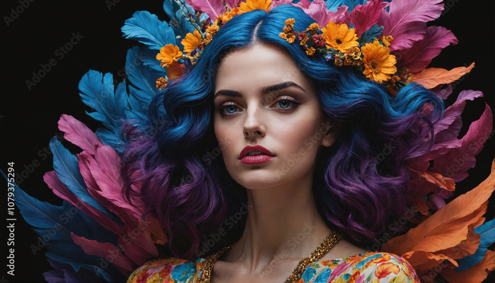Fototapeta premium A woman with blue and purple hair poses for a portrait with a flower crown and colorful feathers