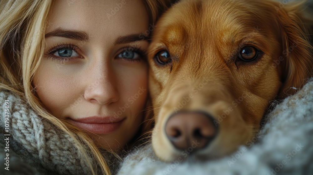 A young woman smiles warmly while embracing her golden retriever, both wrapped in a soft blanket during a cold winter evening A young woman smiles warmly while embracing her golden retriever, both wrapped in a soft blanket during a cold winter evening