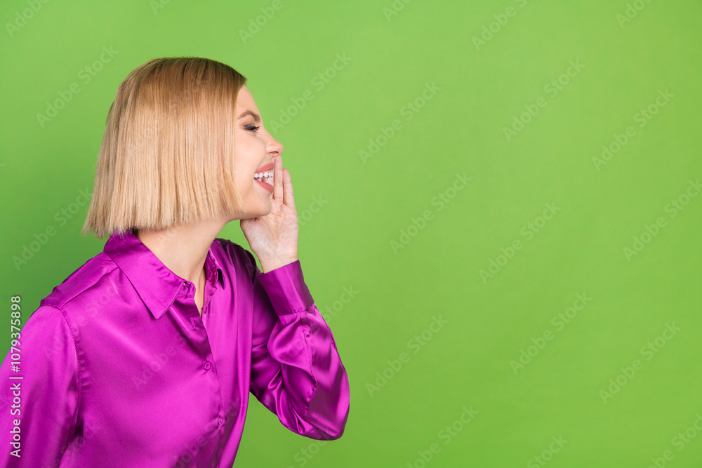 Photo of cheerful nice girl wear stylish pink clothes say tell look empty space isolated on green color background Photo of cheerful nice girl wear stylish pink clothes say tell look empty space isolated on green color background