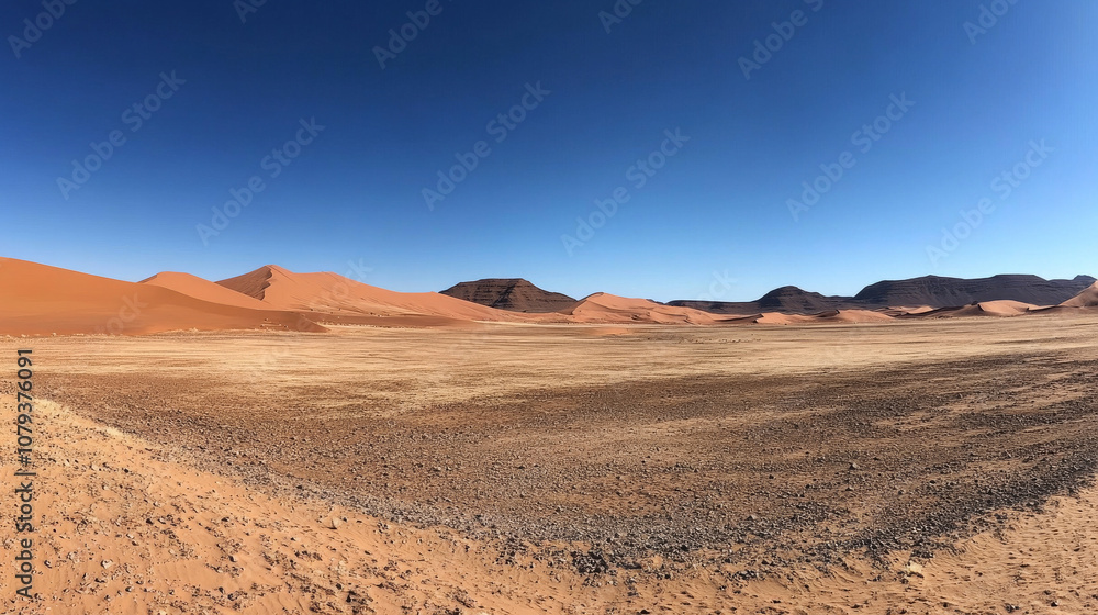 A vast, empty desert with rolling sand dunes under a clear, deep blue sky A vast, empty desert with rolling sand dunes under a clear, deep blue sky