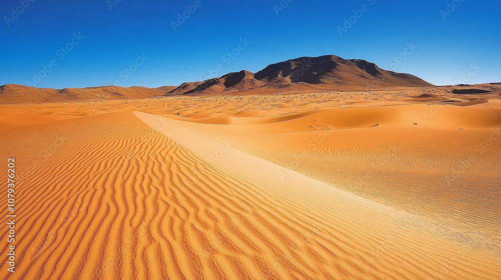A vast, empty desert with rolling sand dunes under a clear, deep blue sky A vast, empty desert with rolling sand dunes under a clear, deep blue sky