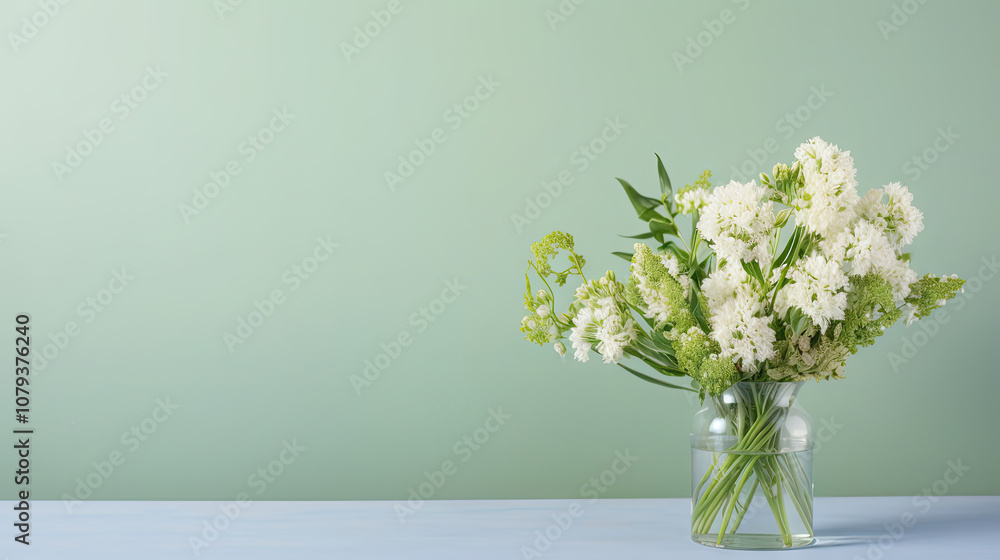 Fototapeta premium Greeting card, banner with copy space for text. Tender beautiful fresh flowers bouquet in vase standing on light green background. Romantic invitation, Mother day, anniversary concept