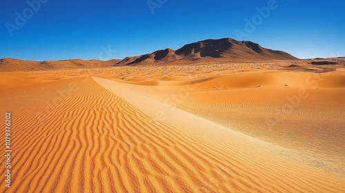 A vast, empty desert with rolling sand dunes under a clear, deep blue sky