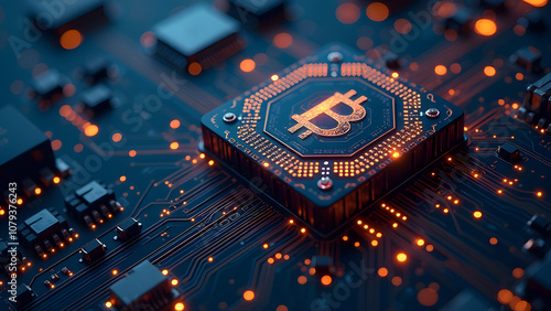 Bitcoin logotipe on microchip on pcb, generative ai