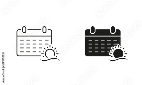 Calendar with Sun Line and Silhouette Icon Set. Summer Season, Holiday Time and Vacation Pictogram. Editable Stroke. Isolated Vector Illustration