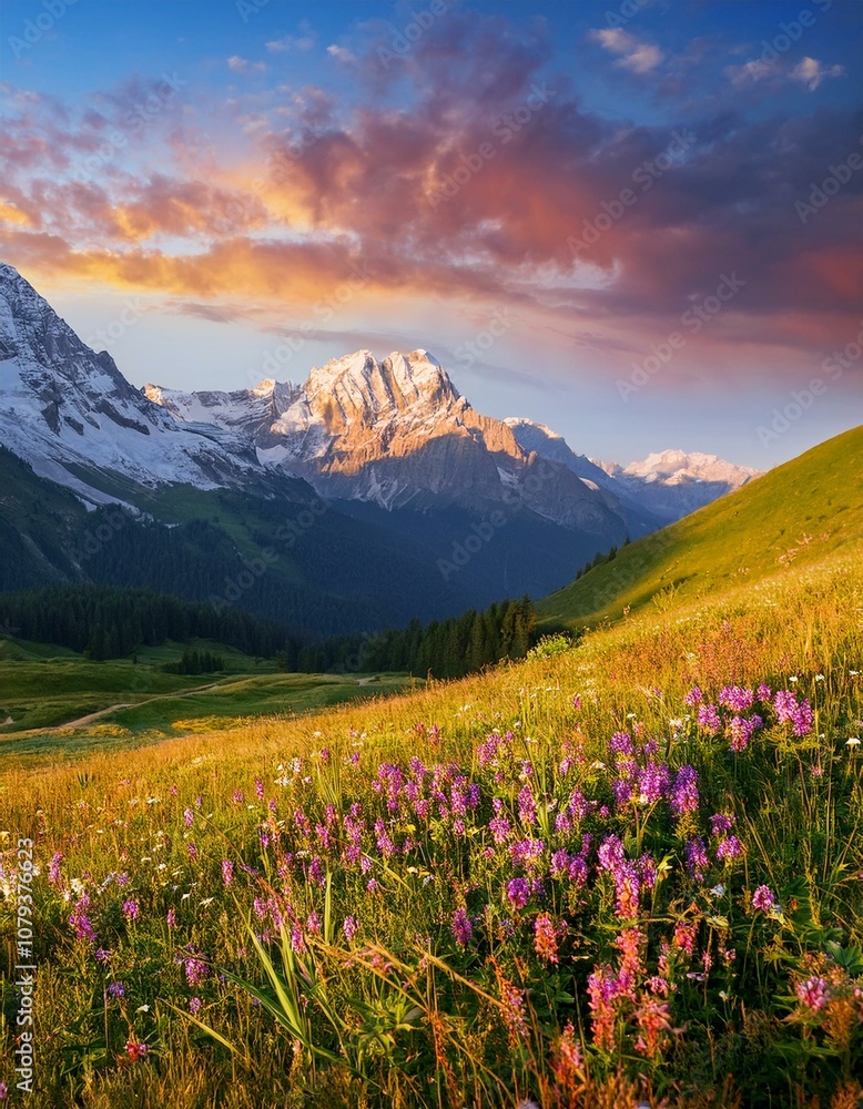 Picturesque Alpine landscape at sunrise. The sky glows in warm pastel colors as the snow-covered peaks shine in the soft morning light. In the foreground, colorful wildflowers bloom on a green meadow. Picturesque Alpine landscape at sunrise. The sky glows in warm pastel colors as the snow-covered peaks shine in the soft morning light. In the foreground, colorful wildflowers bloom on a green meadow.