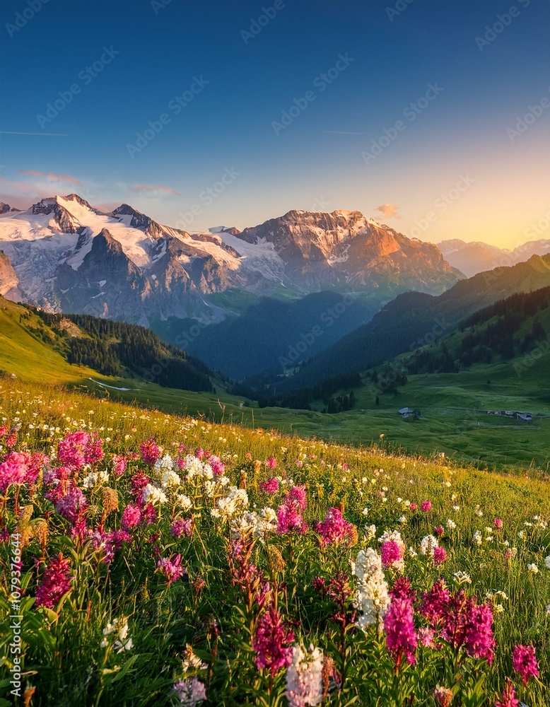 Fototapeta premium Picturesque Alpine landscape at sunrise. The sky glows in warm pastel colors as the snow-covered peaks shine in the soft morning light. In the foreground, colorful wildflowers bloom on a green meadow.