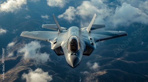 Fighter jet soaring through clouds aerial scene, military power