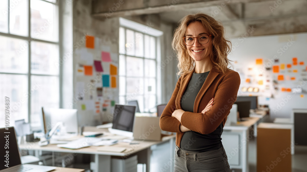 A smiling woman stands confidently in a modern, colorful office filled with notes and creative clutter, conveying productivity and innovation.
A smiling woman stands confidently in a modern, colorful office filled with notes and creative clutter, conveying productivity and innovation.