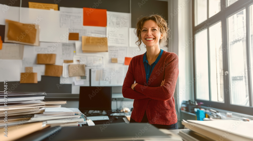 A smiling woman stands confidently in a modern, colorful office filled with notes and creative clutter, conveying productivity and innovation.
A smiling woman stands confidently in a modern, colorful office filled with notes and creative clutter, conveying productivity and innovation.