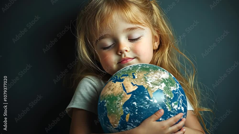 A young girl with her eyes closed holds a globe close to her chest A young girl with her eyes closed holds a globe close to her chest