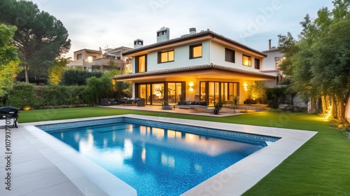 Renovated garden space with lush greenery and pool