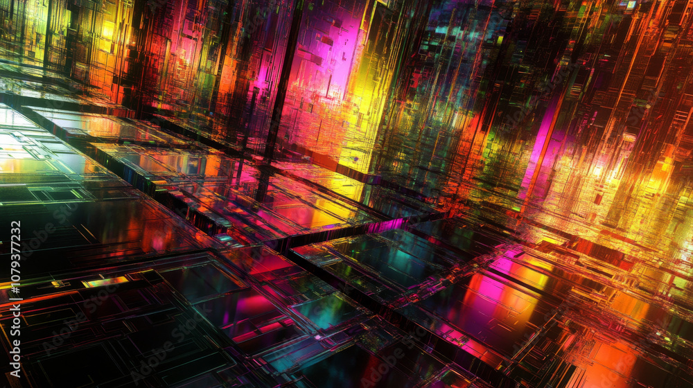 An artistic representation of a computer chip with a metallic surface reflecting neon colors An artistic representation of a computer chip with a metallic surface reflecting neon colors