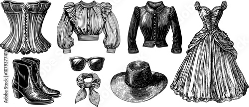 Retro American fashion vector set. Vintage sunglasses, boots, blouse, scarf, dress, corset, jacket and hat.