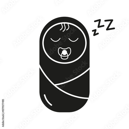 Swaddled Baby with Pacifier Sleeping Silhouette Icon. Newborn Rest and Sleep Glyph Symbol. Peaceful Newborn with Pacifier. Bedtime Rest for Baby. Isolated Vector Illustration