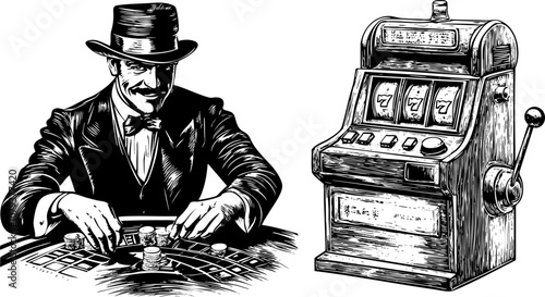 Vintage casino slot machine illustration with croupier. Vector sketch in black and white.