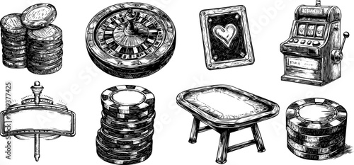 
Vintage casino illustration set. Poker table, chips, cards, slot machine and roulette. Vector sketch in black and white.