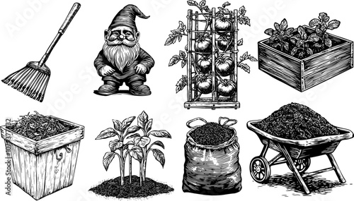 Vintage garden gnome with rake and wheelbarrow. Handdrawn illustration of compost, soil, and organic waste. Engraved sketch of farm tools and plants.
