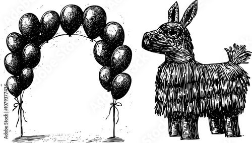 Vintage vector sketch of Balloon Arch and Pinata for Birthday Party. Handdrawn illustration of Mexican Cinco de Mayo event.