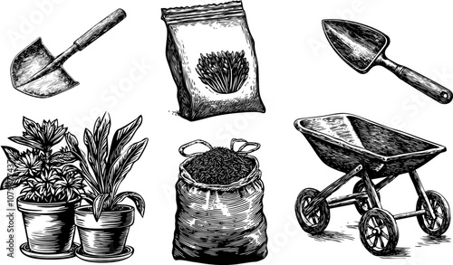 
Vintage garden engraving with wheelbarrow, seed sack, trowel, shovel and plant pot. Handdrawn vector illustration set of farming tools.