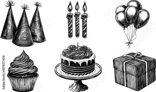 Vintage birthday cake with candles and balloons. Handdrawn illustration of party gifts, hat and cupcake. Engraved vector sketch set.