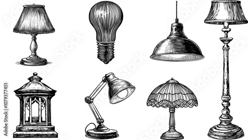 Vintage vector sketch of Lamp Table with Lampshade. Engraved handdrawn illustration of bedside lighting.