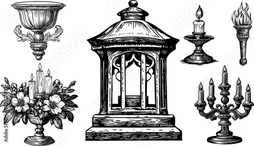 Vintage Engraved vector sketch of Candle, Lantern and Torch Set. Antique candelabra illustration.