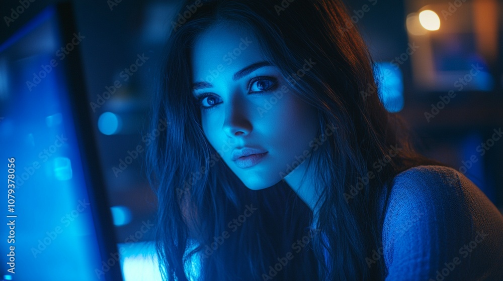 In a dark tech office, a female analyst focuses on AI threats on her computer, bathed in blue light. In a dark tech office, a female analyst focuses on AI threats on her computer, bathed in blue light.