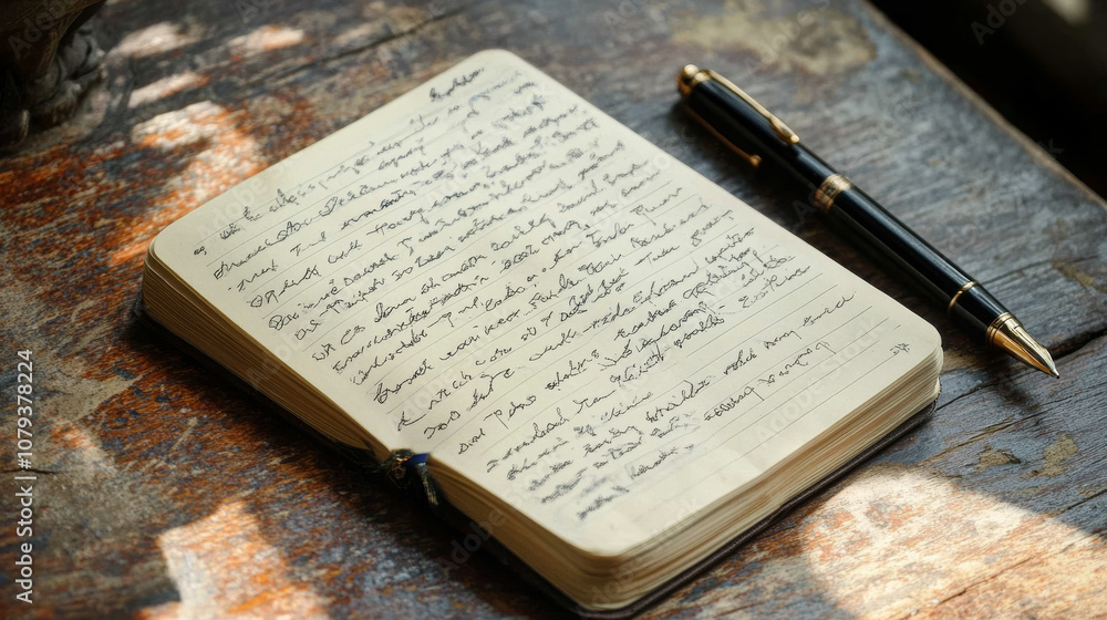 Obraz premium An open notebook with handwritten notes and a stylish pen lying beside it on a wooden desk