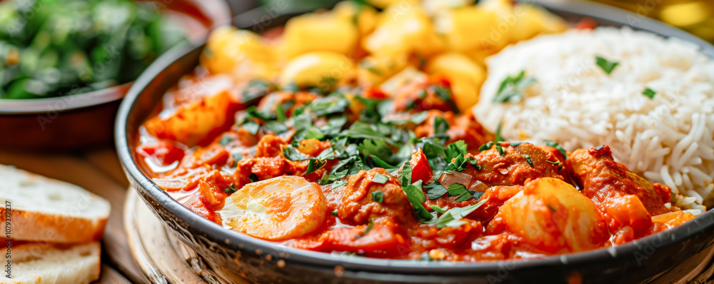 Close-up view of the African dish in a bowl on the table. Tradition food concept.