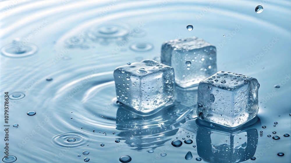 Ice cubes splashing in water with ripples