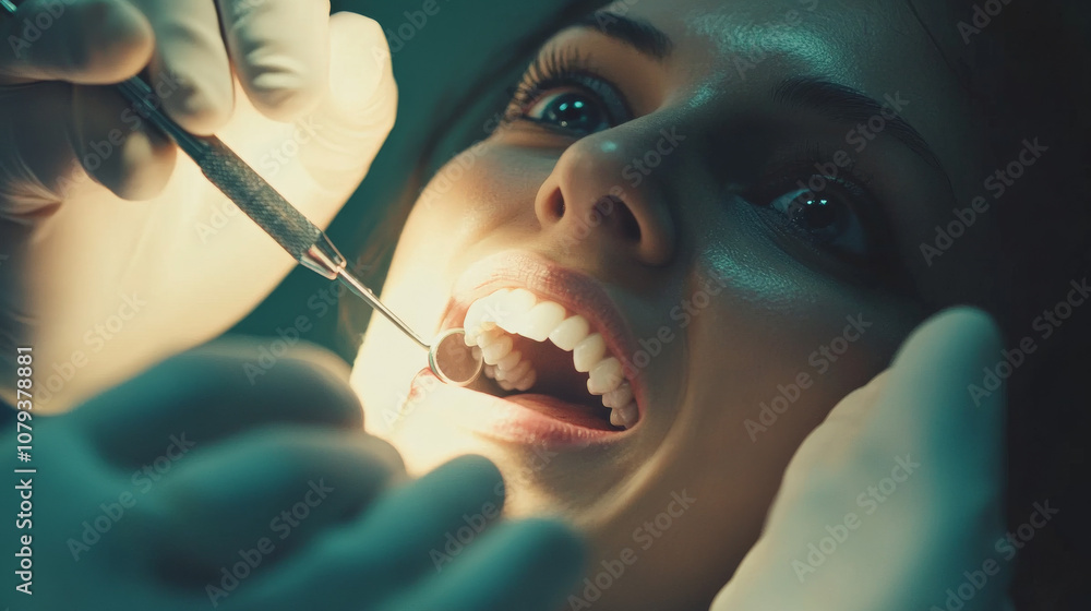 Close-up of a dentist examining a patient’s teeth with precision tools under bright lights Close-up of a dentist examining a patient’s teeth with precision tools under bright lights