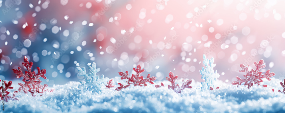 Christmas closeup background with snowflakes in snowfall. Banner, wallpaper and postcard concept. Christmas closeup background with snowflakes in snowfall. Banner, wallpaper and postcard concept.
