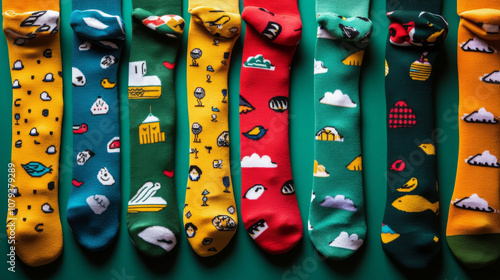 Colorful socks with playful designs, arranged in a neat, aesthetic way photo