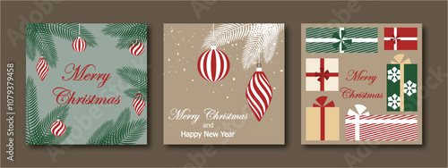 Christmas card, set of templates design for banner, flyer, background with snowflakes, fir branches, balls and gift boxes. bright modern vector illustration for invitation, poster, greeting en beige
