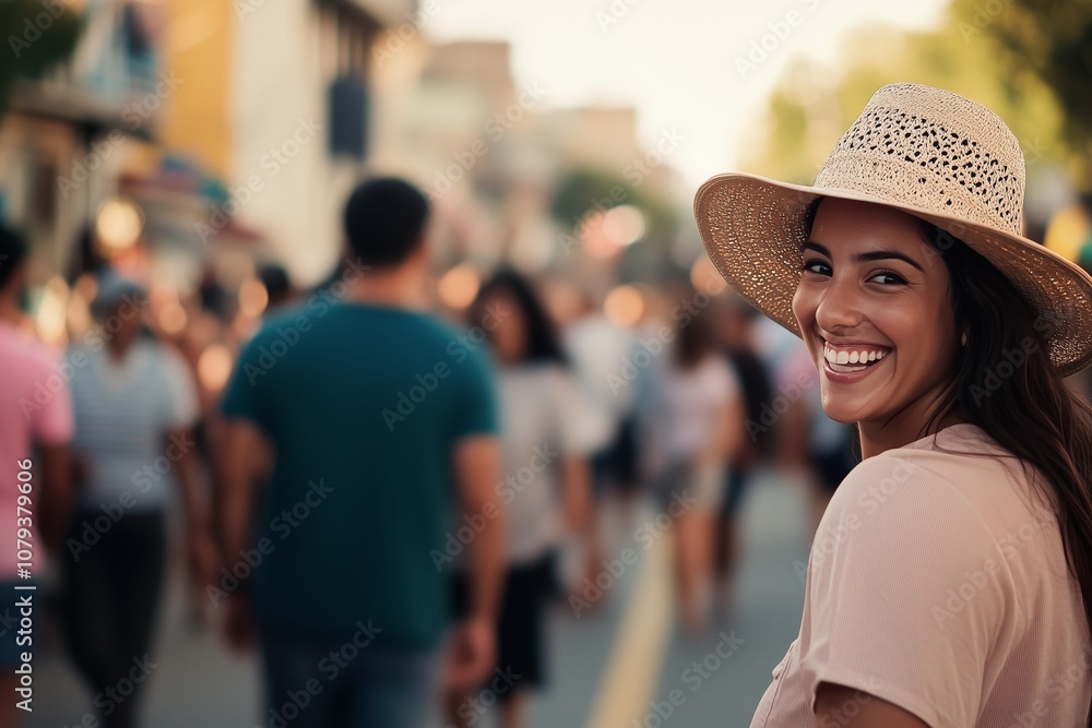 Cheerful Young Hispanic Woman with a Straw Hat Smiling at a Crowded Street Festival Cheerful Young Hispanic Woman with a Straw Hat Smiling at a Crowded Street Festival