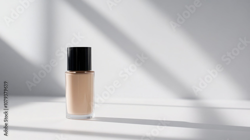 Minimalist studio shot of unbranded foundation bottle with shadows for beauty product design