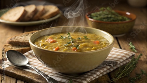 Steaming split pea soup in a bowl with herbs
