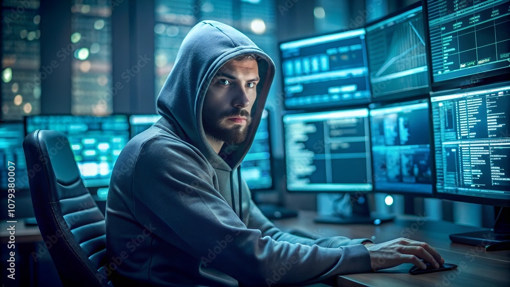 Hacker in a hoodie sitting in a dimly lit room, with multiple screens displaying encrypted data Hacker in a hoodie sitting in a dimly lit room, with multiple screens displaying encrypted data
