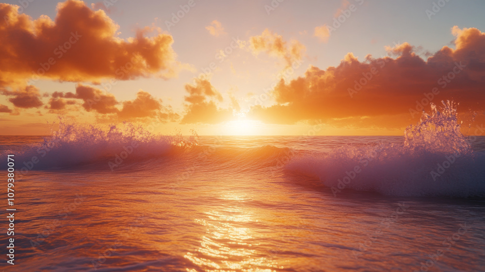 Fototapeta premium Waves crashing against the shore under a vibrant sunset, casting a golden glow over the water
