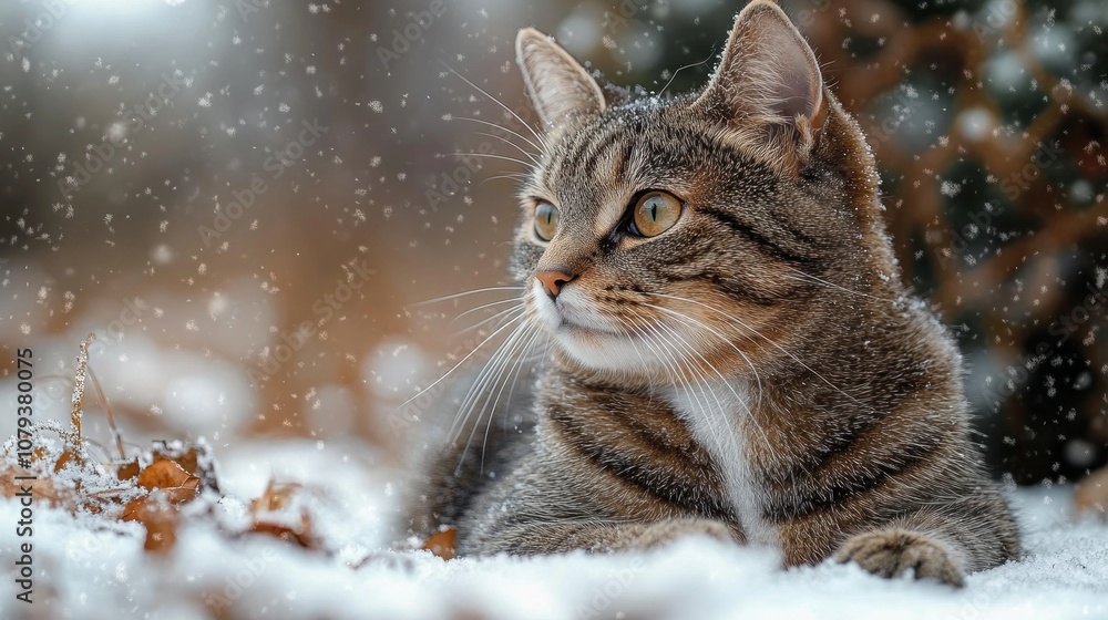 A tabby cat with bright yellow eyes stares intently into the distance while lying in the snow on a winter day. A tabby cat with bright yellow eyes stares intently into the distance while lying in the snow on a winter day.