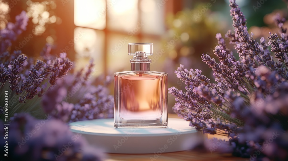Lavender perfume bottle with golden light on a wooden surface. Lavender perfume bottle with golden light on a wooden surface.