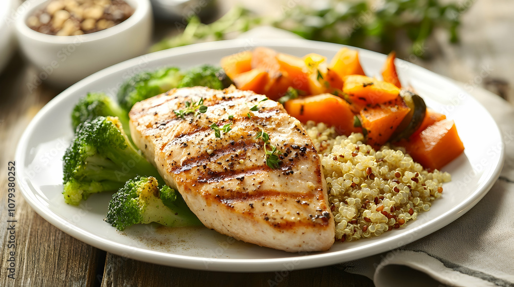 Balanced meal for metabolic health featuring lean protein, quinoa, and steamed vegetables for nutritional support Balanced meal for metabolic health featuring lean protein, quinoa, and steamed vegetables for nutritional support