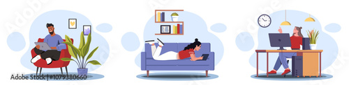 People working from home set. Man with laptop, woman with tablet and girl with computer indoors. Remote worker and freelancer with online earnings. Flat vector collection isolated on white background