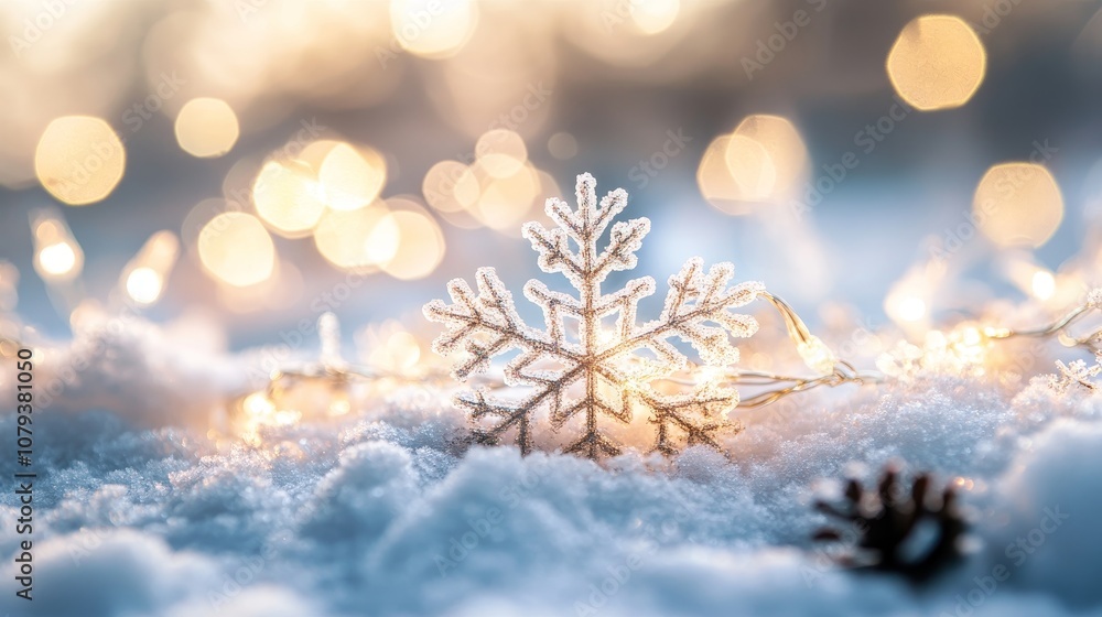 Crystalline snowflakes dance amidst a snow-covered landscape, adorned with the ethereal glow of Christmas lights. Crystalline snowflakes dance amidst a snow-covered landscape, adorned with the ethereal glow of Christmas lights.