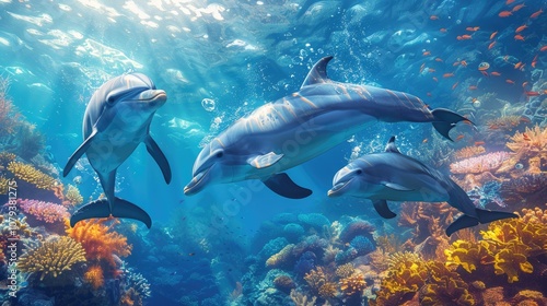 Three dolphins swim playfully over colorful coral reef in a sunlit ocean.