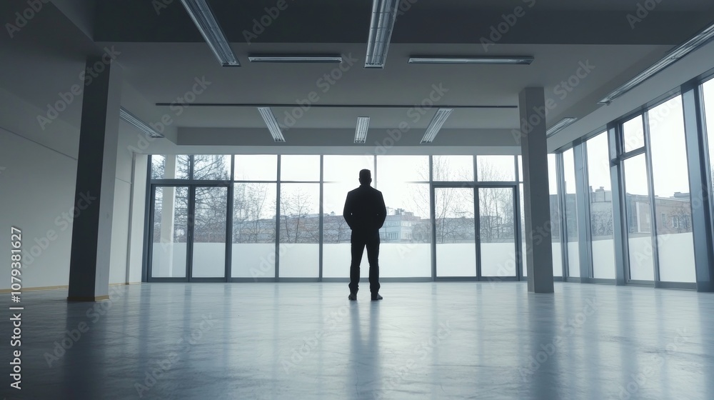 Empty office room with an architect or owner standing inside. Empty office room with an architect or owner standing inside.